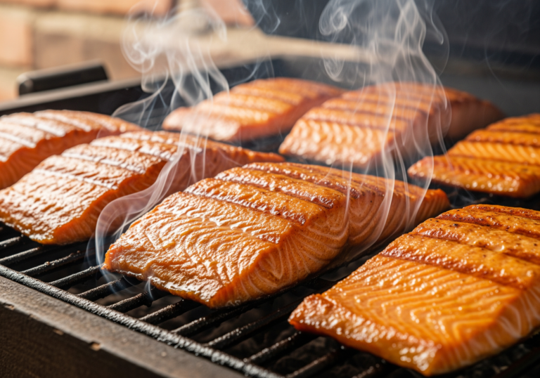 “Smoked salmon fillets cooking on a grill with aromatic smoke rising — showcasing perfect brine for smoking salmon.”