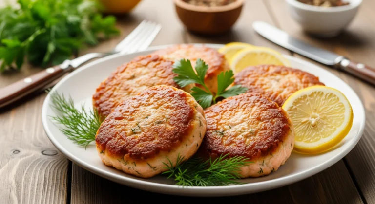 golden crispy salmon patties recipe on white plate