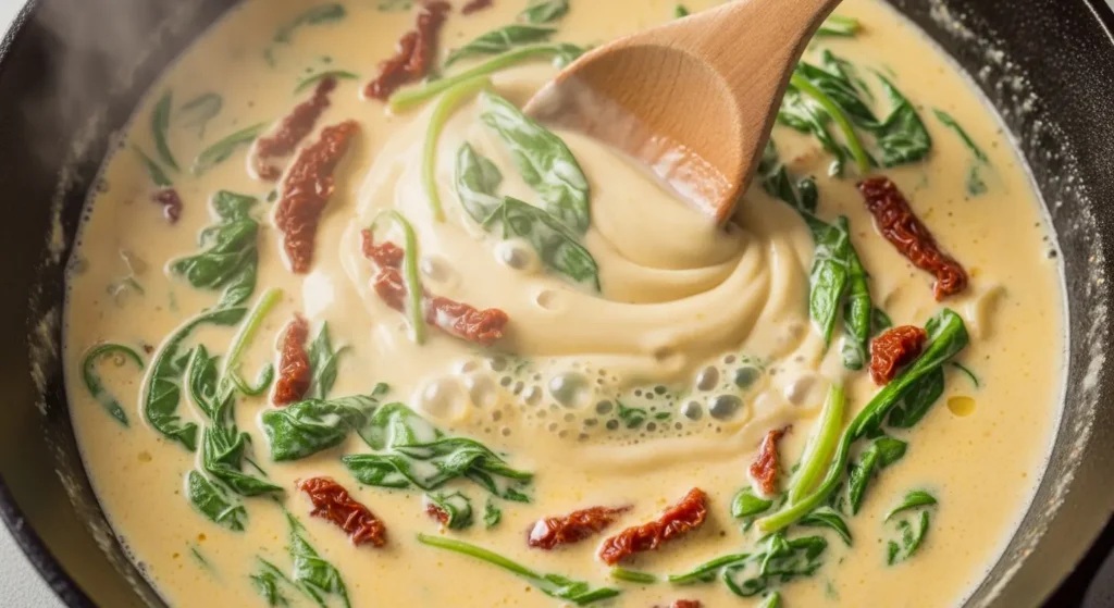Simmering creamy garlic sauce with spinach and sun-dried tomatoes for salmon pasta