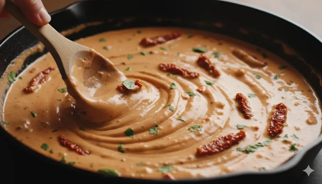 Simmering creamy parmesan and sun-dried tomato sauce in a skillet