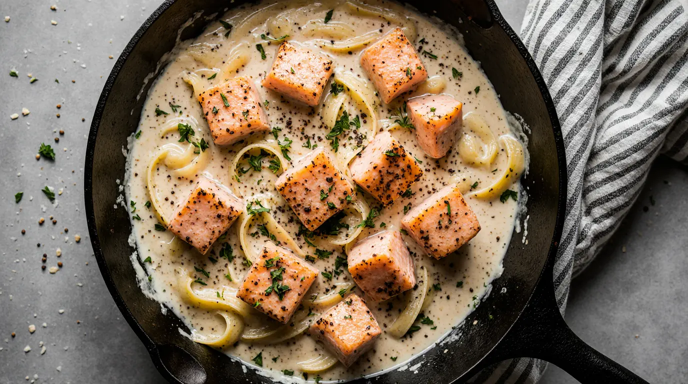 Overhead view of Creamy Tuscan Salmon Pasta featuring rustic pan-seared salmon chunks in a rich garlic cream sauce.