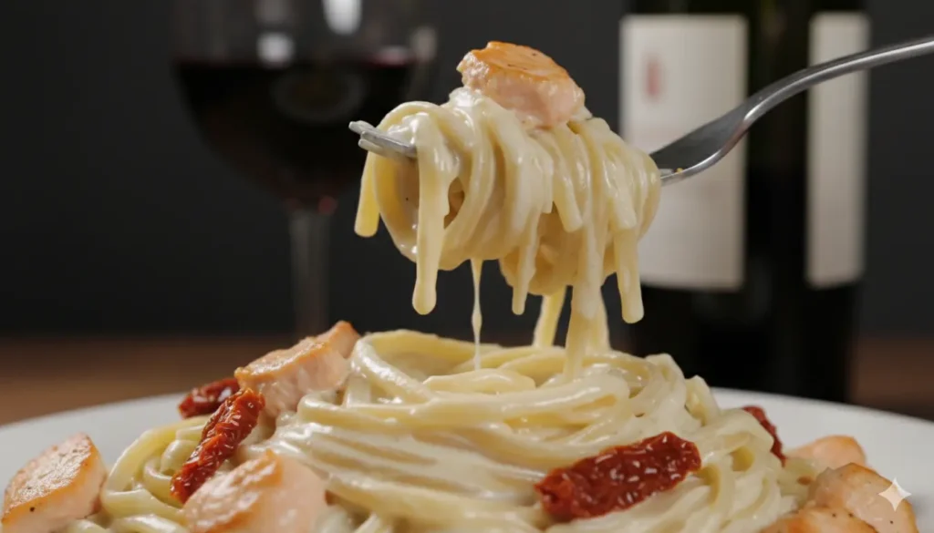 Fork lifting a generous bite of Creamy Tuscan Salmon Pasta dripping with rich sauce.
