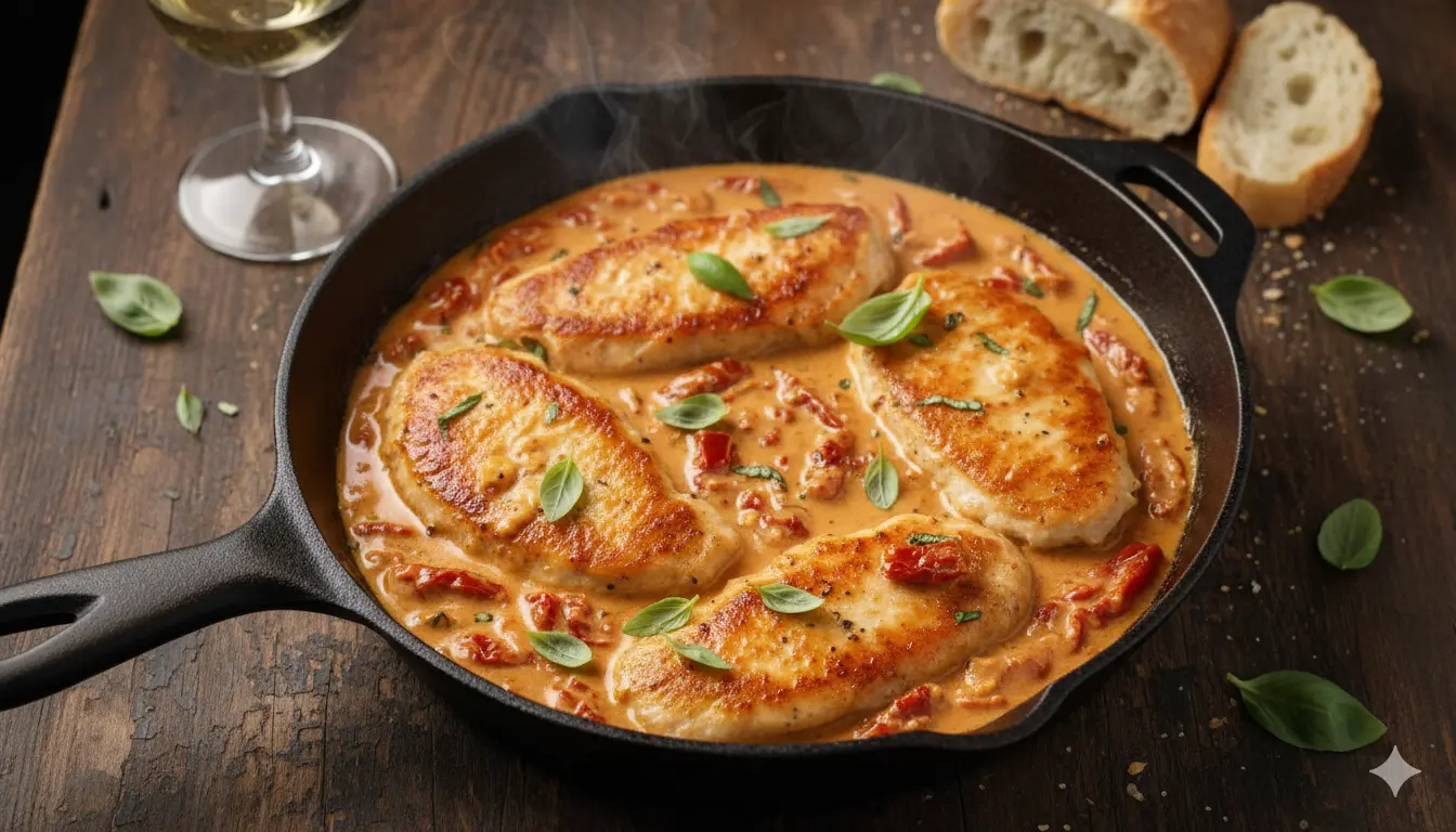 Top view of Easy Marry Me Chicken in a skillet, featuring juicy chicken cutlets in a creamy sun-dried tomato and parmesan sauce garnished with fresh basil.