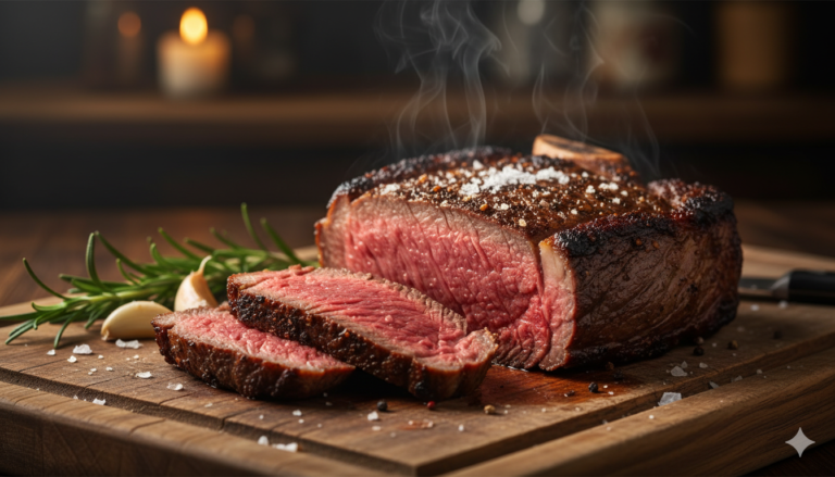 Sliced medium-rare Reverse Seared Ribeye steak with a crispy beef tallow crust, garnished with rosemary and flaky salt.