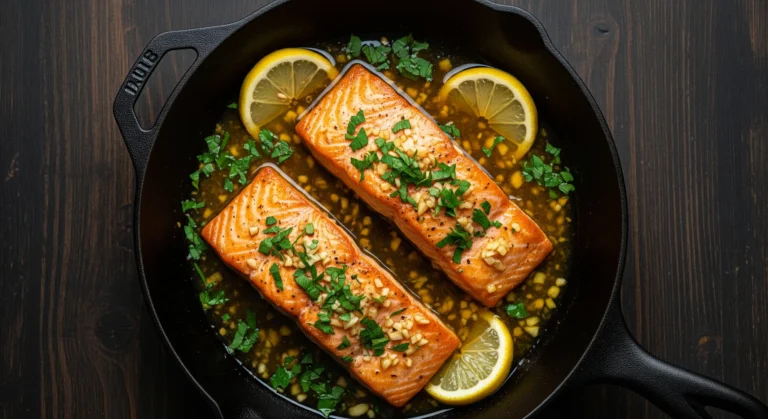 Pan-seared Garlic Butter Salmon in a skillet with lemon