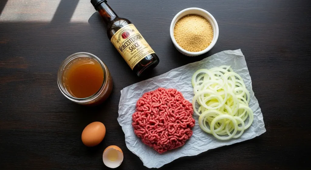 Fresh ingredients for hamburger steak including ground beef and sliced onions