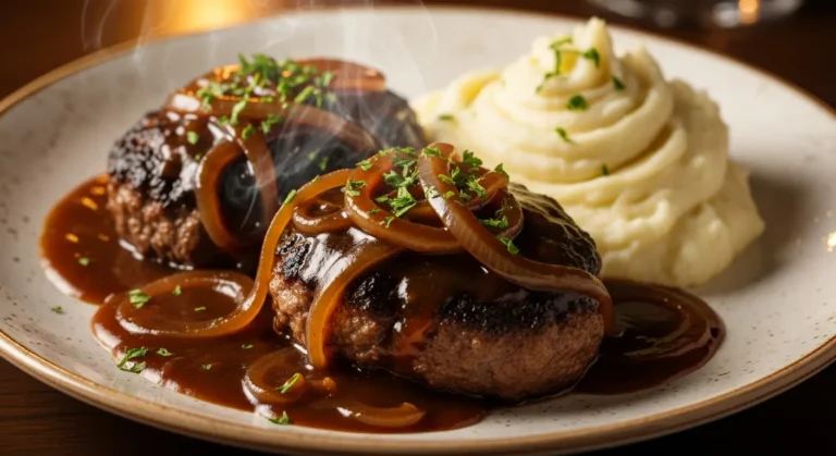 Juicy hamburger steak smothered in rich onion gravy served with mashed potatoes