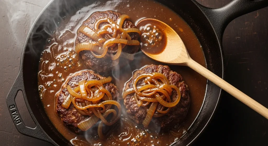 Simmering homemade Hamburger Steak with Onion Gravy in a cast iron skillet.
