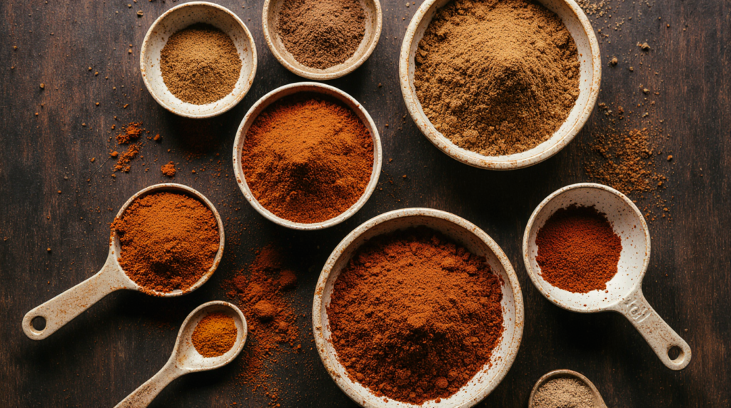 Homemade taco seasoning ingredients including chili powder, cumin, and paprika in bowls.
