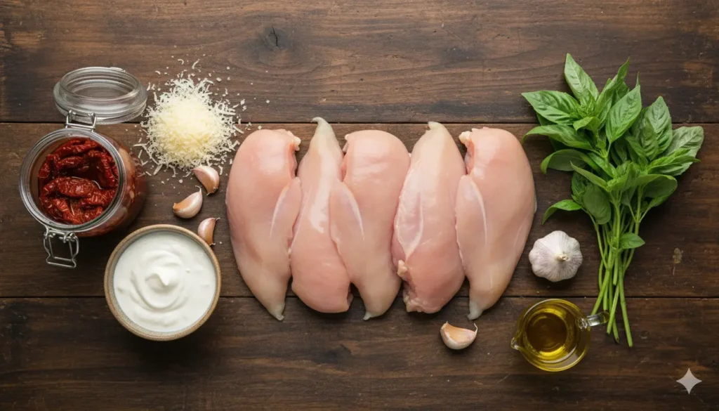 Ingredients for Marry Me Chicken including chicken cutlets, heavy cream, and sun-dried tomatoes arranged on a table.