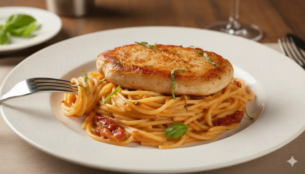 Marry Me Chicken served over angel hair pasta with fresh basil