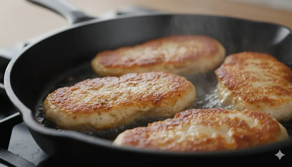 Searing chicken cutlets in a skillet until golden brown for Marry Me Chicken recipe
