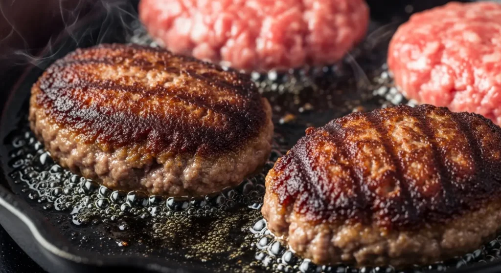 Searing hamburger steaks in a cast iron skillet to get a crispy brown crust.