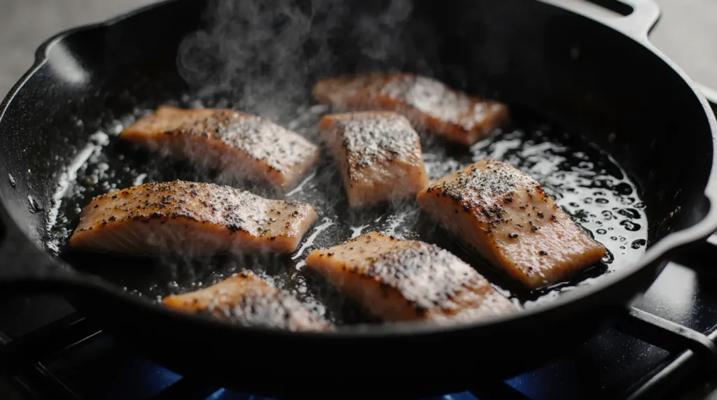 Pan-searing salmon chunks in a cast iron skillet until golden brown and crispy