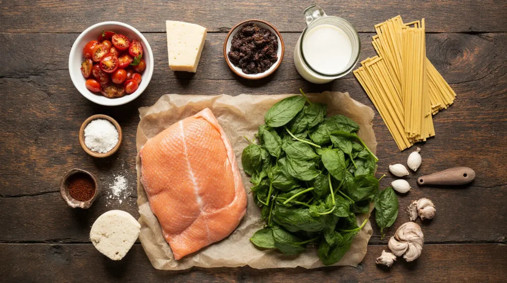 Fresh ingredients for Creamy Tuscan Salmon Pasta including raw salmon, spinach, and sun-dried tomatoes