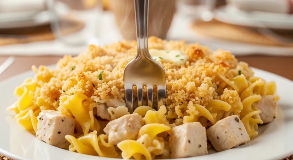 A serving of creamy homemade chicken noodle casserole on a white plate with a fork