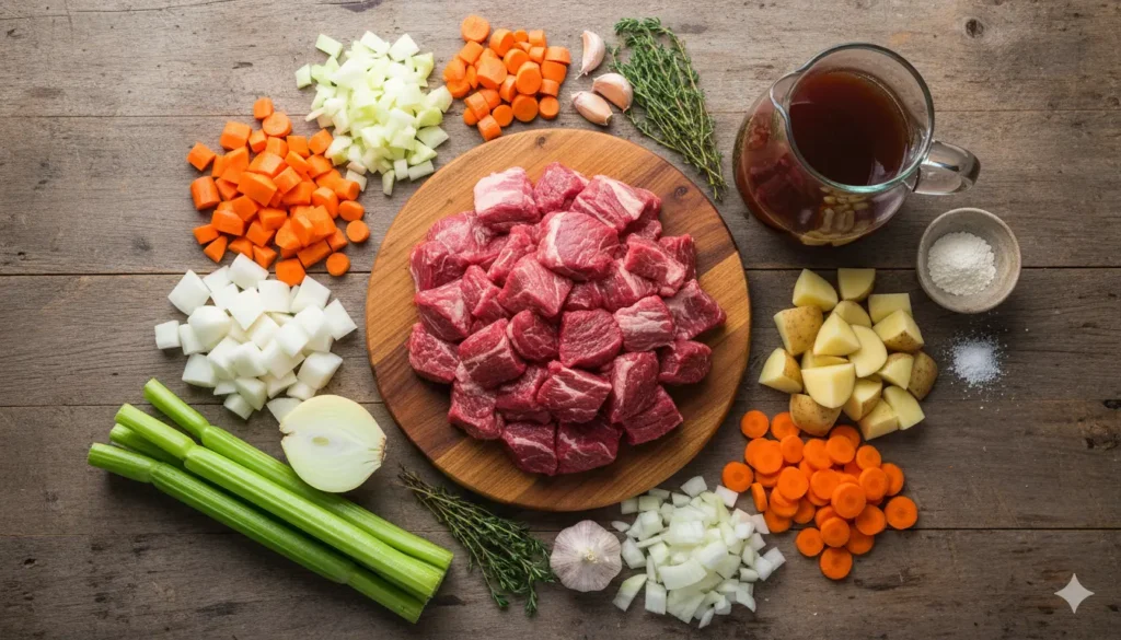 Fresh ingredients for Easy Homemade Beef Stew labeled on a white table including beef chunks, onions, and broth.
