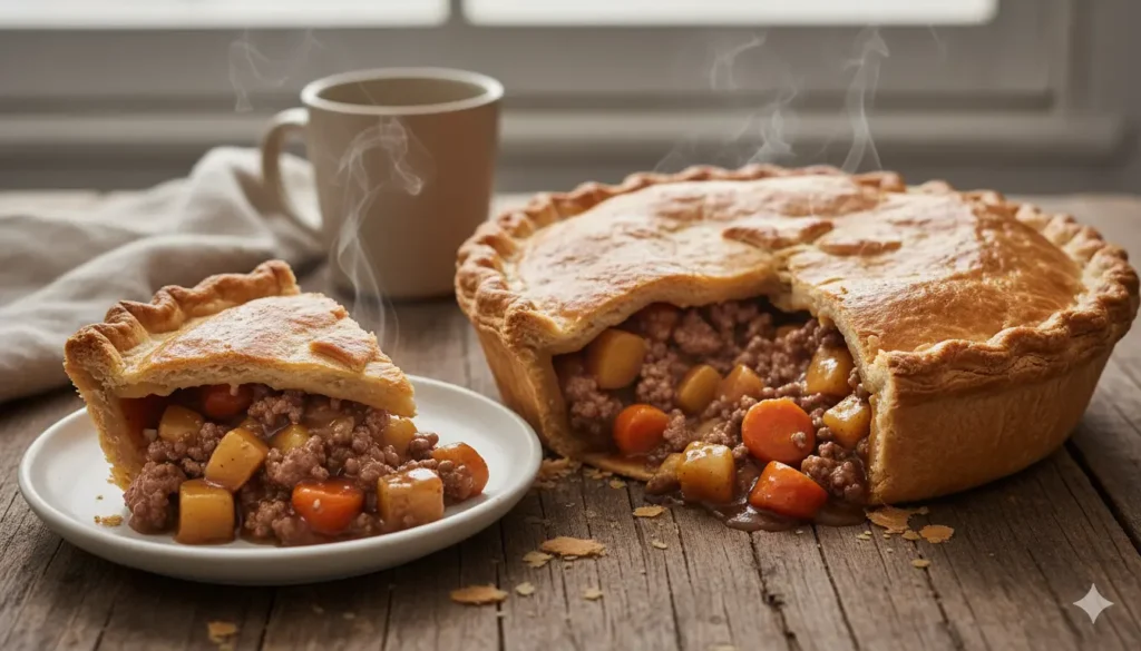A slice of the best meat pie recipe served on a plate showing juicy beef and pork filling.
