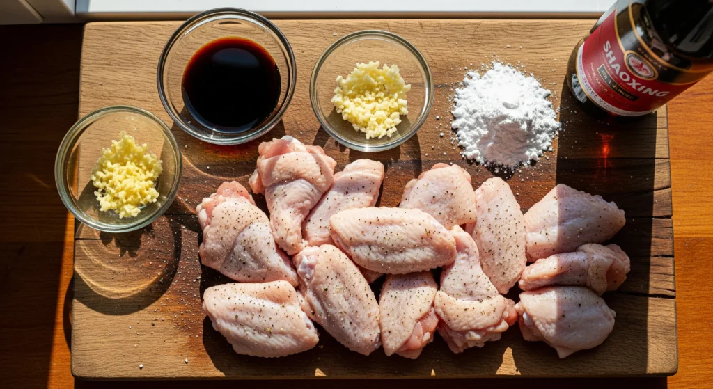 Ingredients for Chinese fried chicken wings marinade including soy sauce and ginger