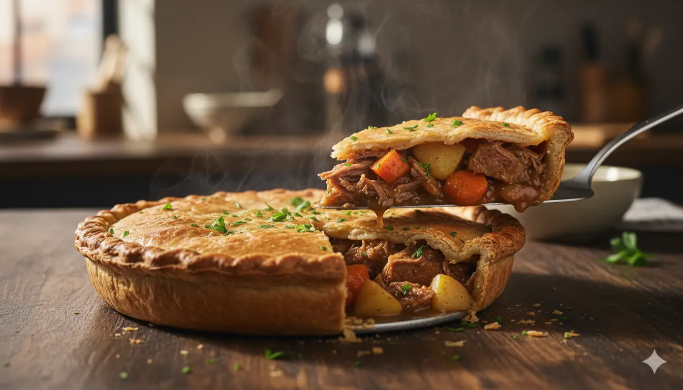 Golden brown classic meat pie with a slice cut out showing savory beef and pork filling