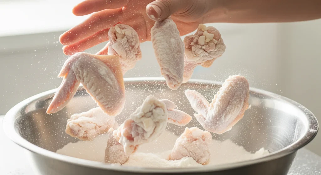 Deep frying chicken wings in a cast iron skillet at 375 degrees Fahrenheit