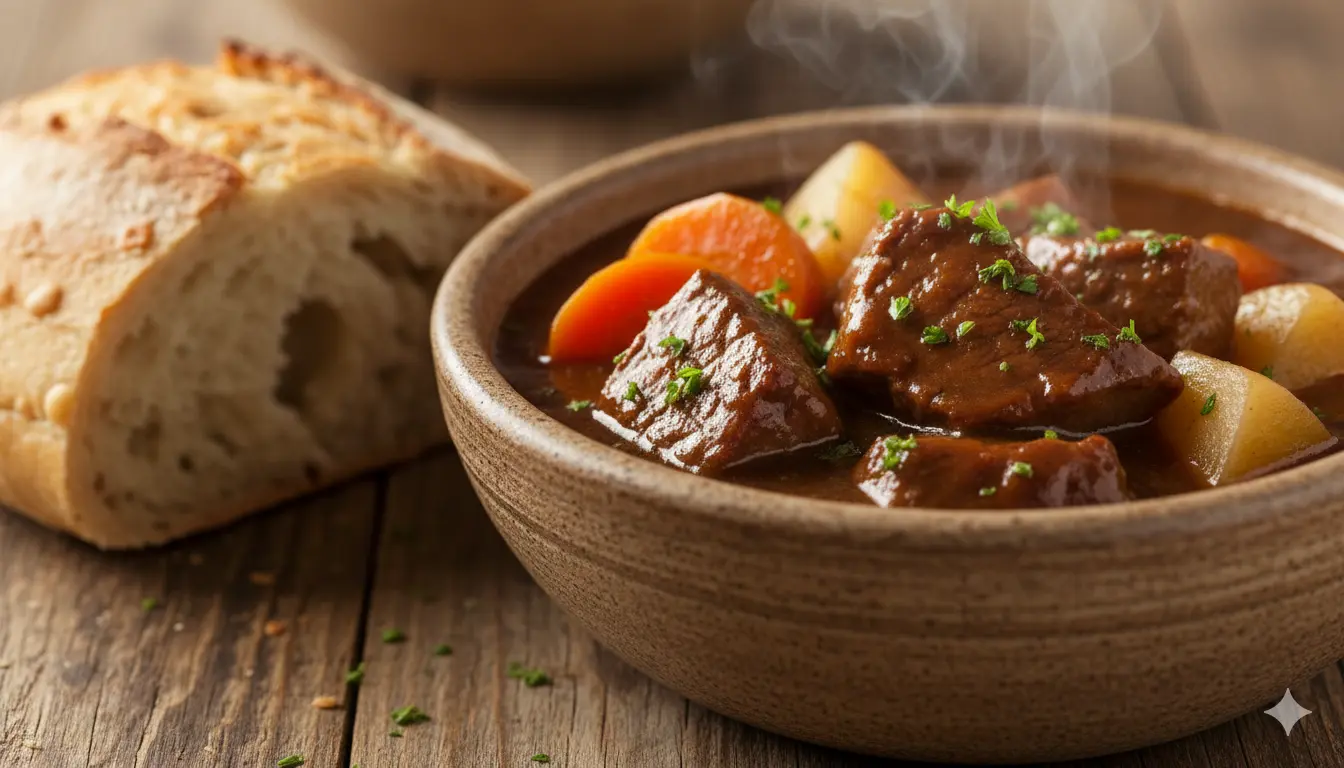 A steaming bowl of easy homemade beef stew with tender beef chunks, carrots, and potatoes in a rich broth.