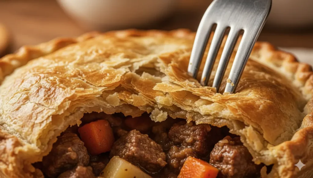 fork cutting into flaky meat -pie