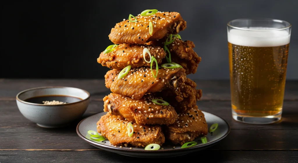 Golden brown fried chicken wings Chinese style stacked on a rustic table, garnished with green onions and sesame seeds, highlighting the double-fried crispy texture.