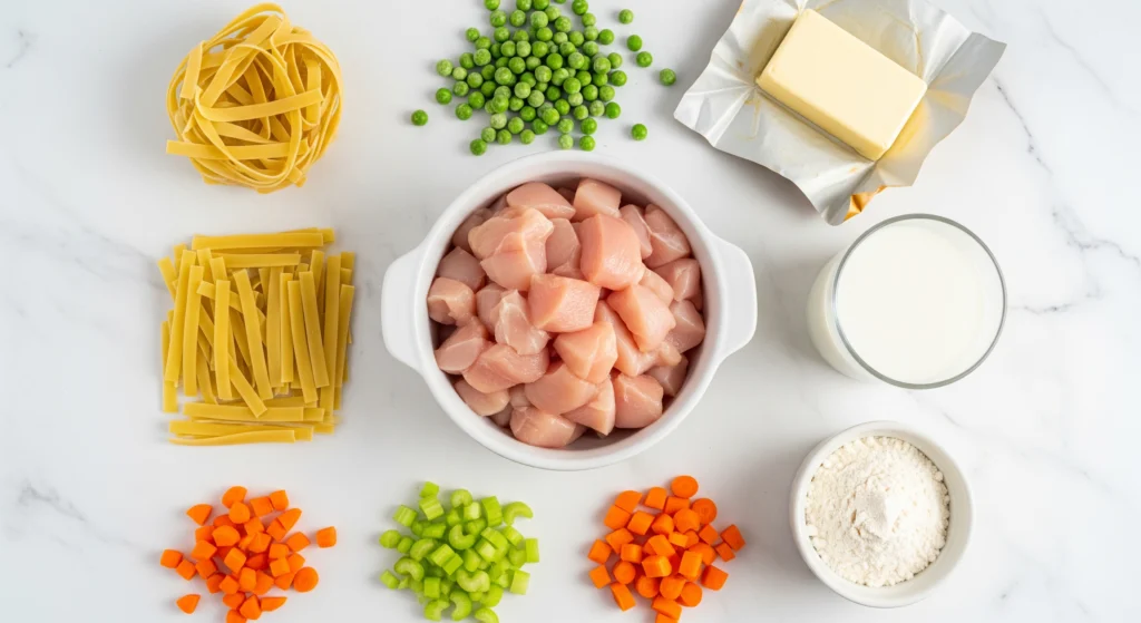 Fresh ingredients for homemade chicken noodle casserole including raw chicken egg noodles butter and milk.
