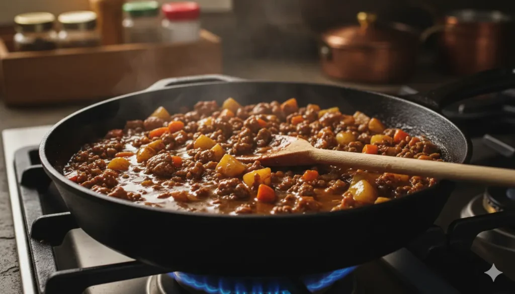meat pie filling simmering skillet