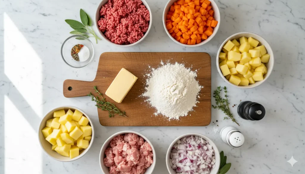 Fresh ingredients for a classic meat pie recipe including ground beef pork potatoes and cold butter.