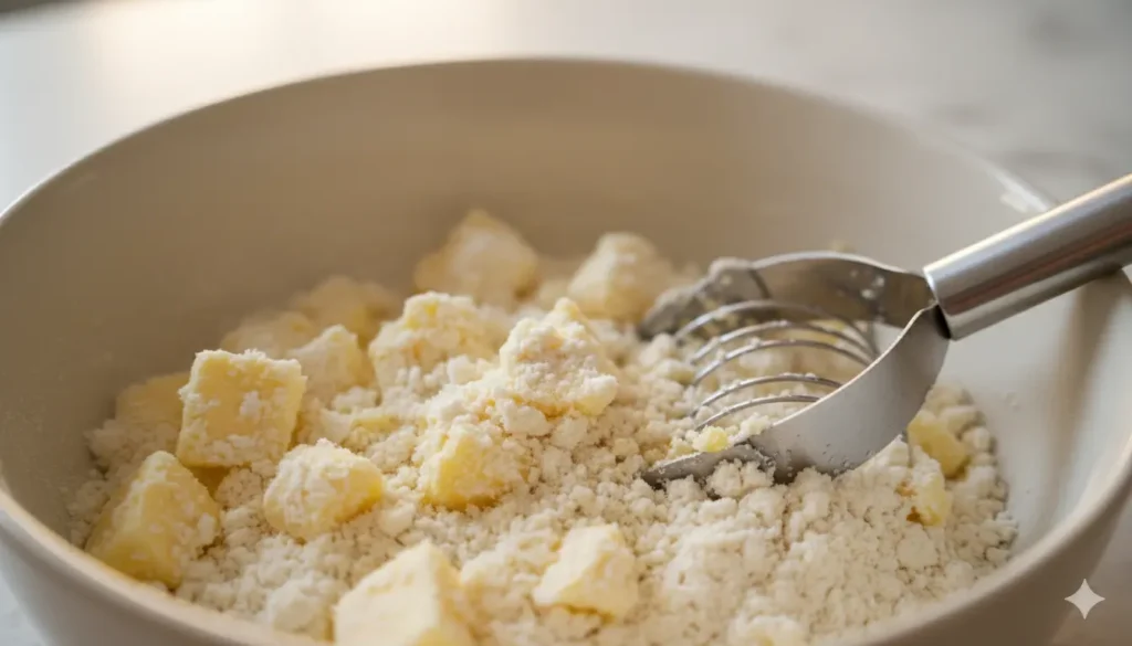 Butter mixed into flour looking like coarse crumbs for a flaky meat pie recipe crust.