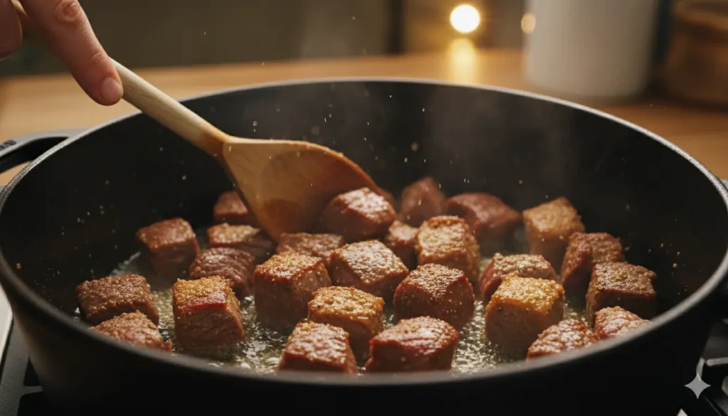 Searing beef cubes in a Dutch oven pot to build rich flavor for this Homemade Beef Stew recipe.
