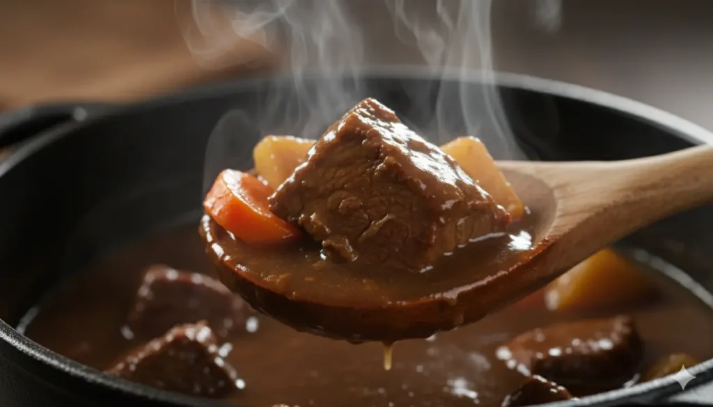 Close-up of a ladle lifting tender meat and thick gravy from a pot of delicious Homemade Beef Stew.
