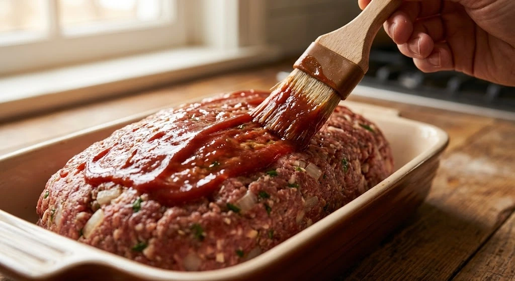 brushing ketchup glaze on homemade meatloaf